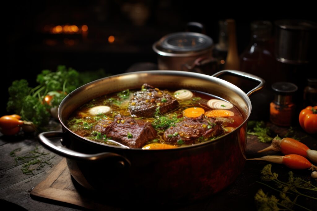 Delicious pot of simmering beef bone broth with vegetables and green herbs.